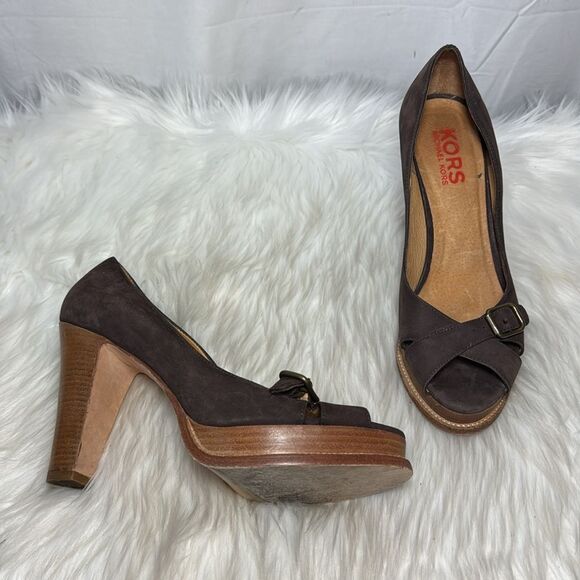 Michael Kors Dark Spice Brown Nubuck Peep Toe Platform Heels Sz 10 - Picture 1 of 6